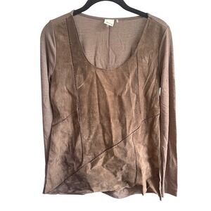 Ecru Brown Faux Suede Patchwork Scoop Neck Long Sleeve Western  Boho Top‎ S